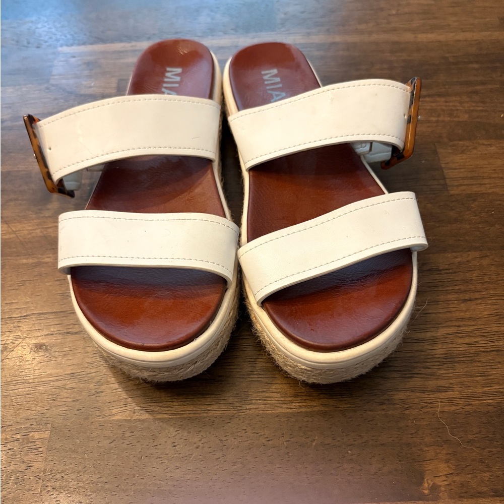 MIA White Kenzy Platform Sandals with tortoise shell side buckles